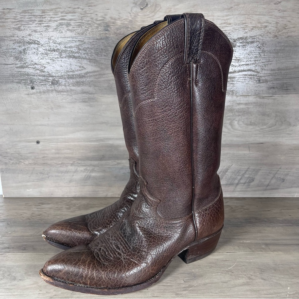 Justin Boots Mens 9D Brown Leather Textured Tall Pointed Toe Boot Western Cowboy